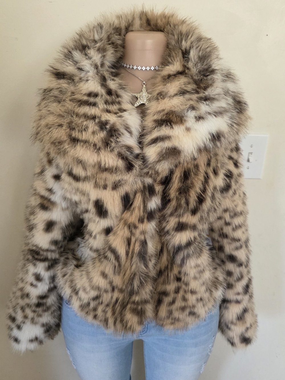 Jessica Simpson Fur Leopard Print Jacket in Tan and Black